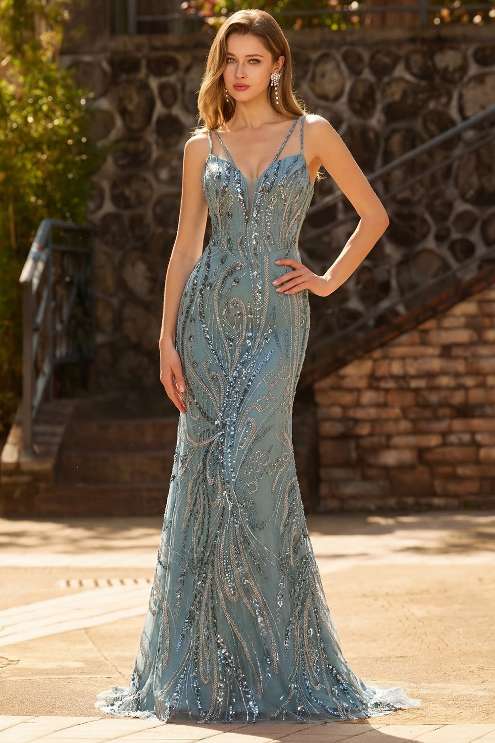 Sparkly Grey Green Beaded Spaghetti Straps Mermaid Prom Dress