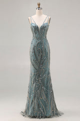 Sparkly Grey Green Beaded Spaghetti Straps Mermaid Prom Dress