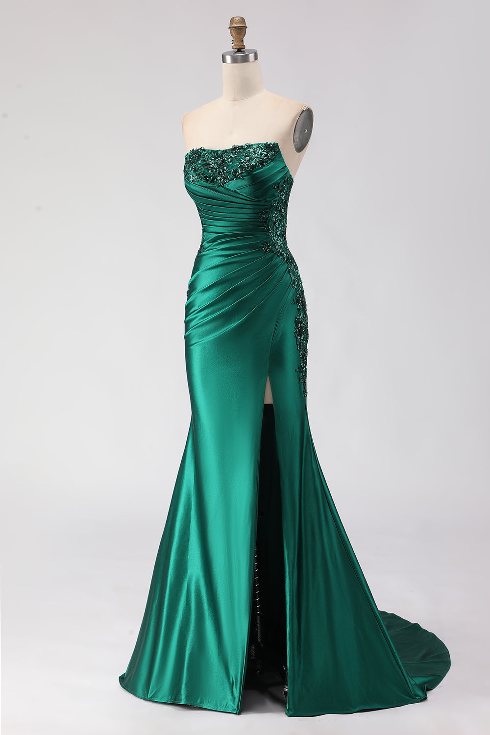 Dark Green Strapless Ruched Sequin Mermaid Prom Dress With Slit