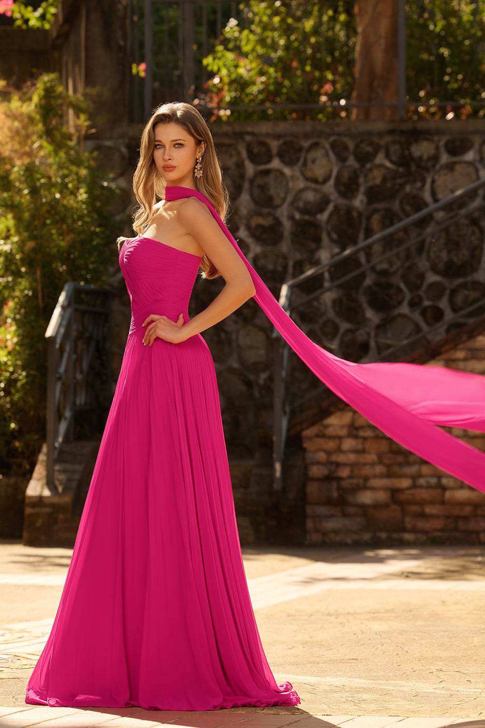 Fuchsia A-Line Strapless Pleated Prom Dress