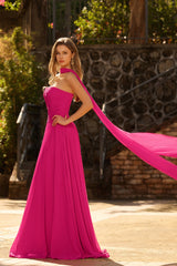 Fuchsia A-Line Strapless Pleated Prom Dress