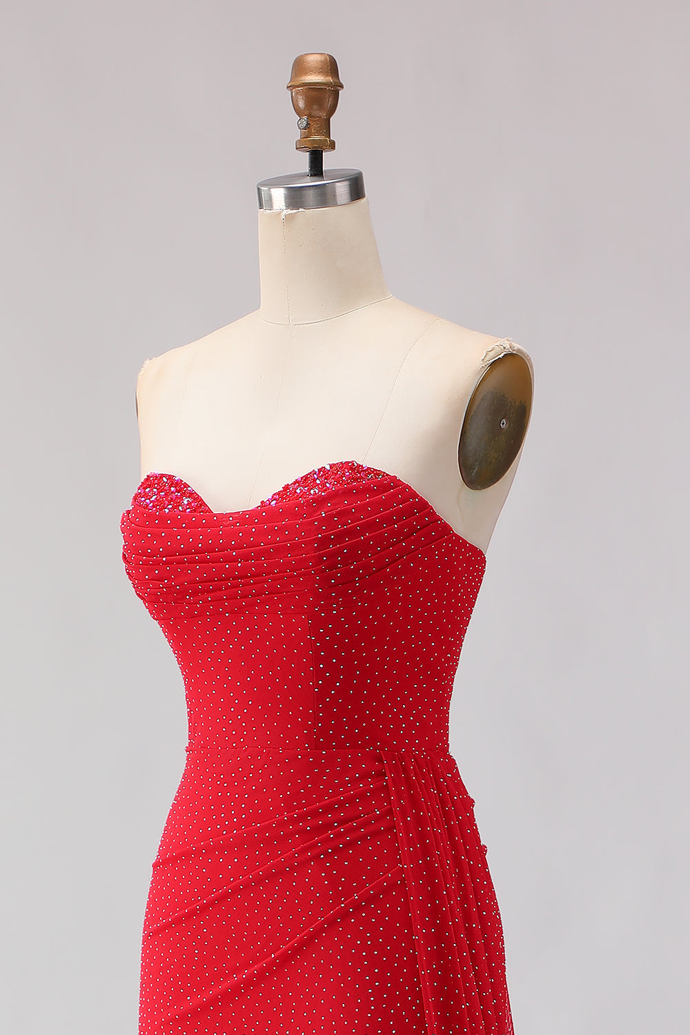 Red Strapless Beaded Mermaid Prom Dress With Slit