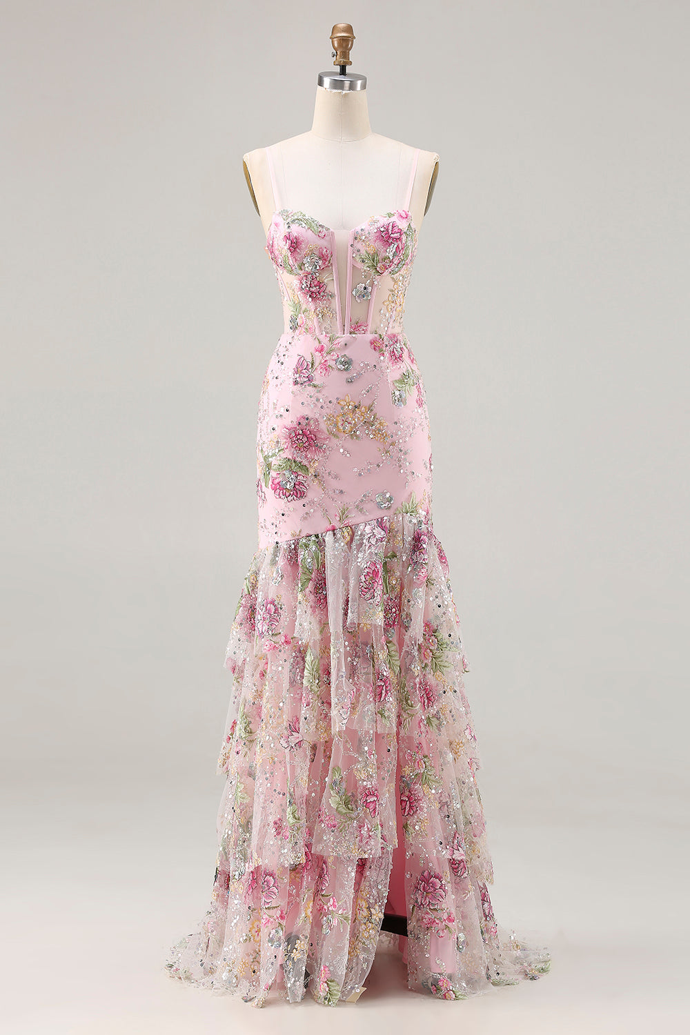 Blue Mermaid Floral Ruffled Sequin Prom Dress With Slit
