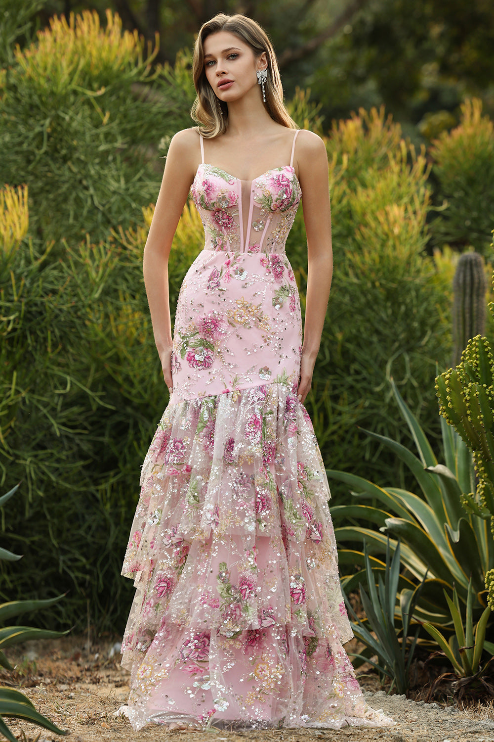 Blue Mermaid Floral Ruffled Sequin Prom Dress With Slit
