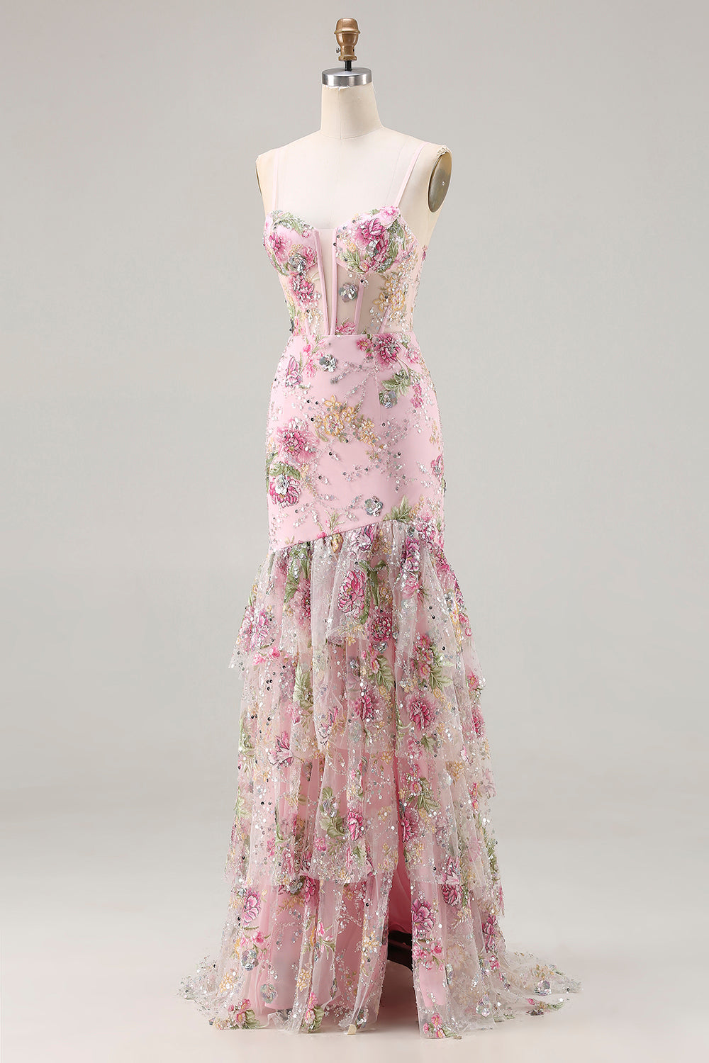 Blue Mermaid Floral Ruffled Sequin Prom Dress With Slit
