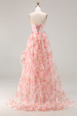 Pink Strapless A-Line Corset Floral Prom Dress With Ruffles