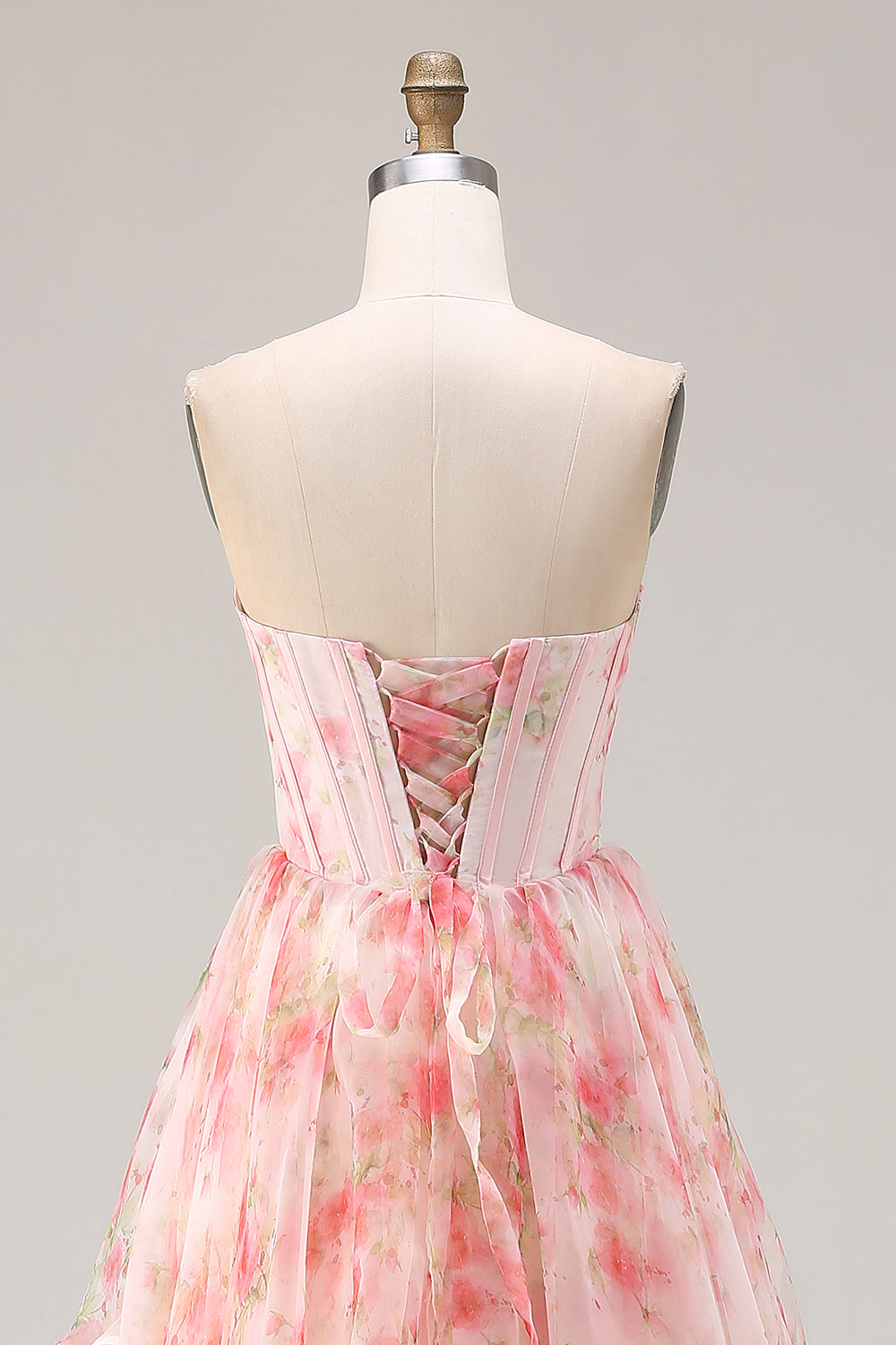 Pink Strapless A-Line Corset Floral Prom Dress With Ruffles