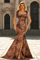 Brown Leopard Mermaid Spaghetti Straps Prom Dress With Slit