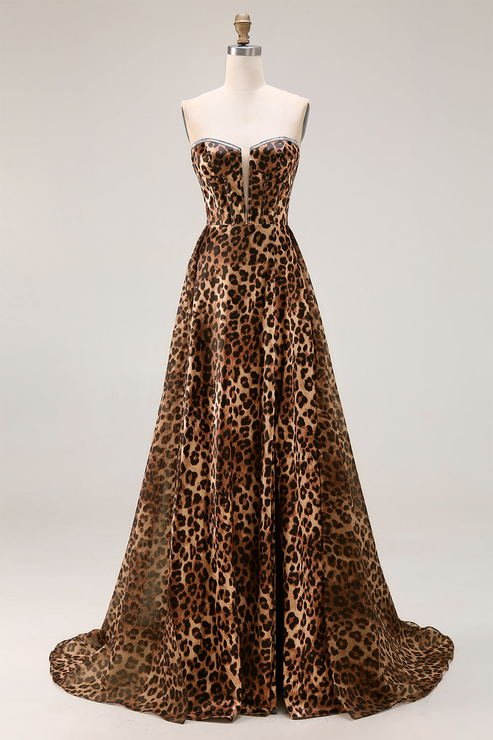 Brown Leopard Strapless A-Line Corset Prom Dress