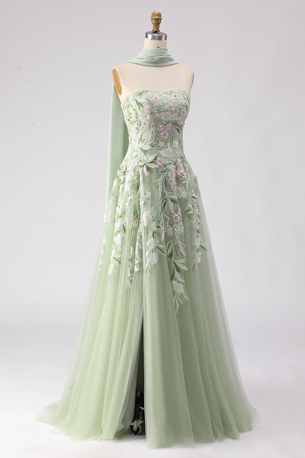Strapless A-Line Dusty Sage Embroidered Prom Dress With Streamer