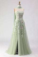 Strapless A-Line Dusty Sage Embroidered Prom Dress With Streamer