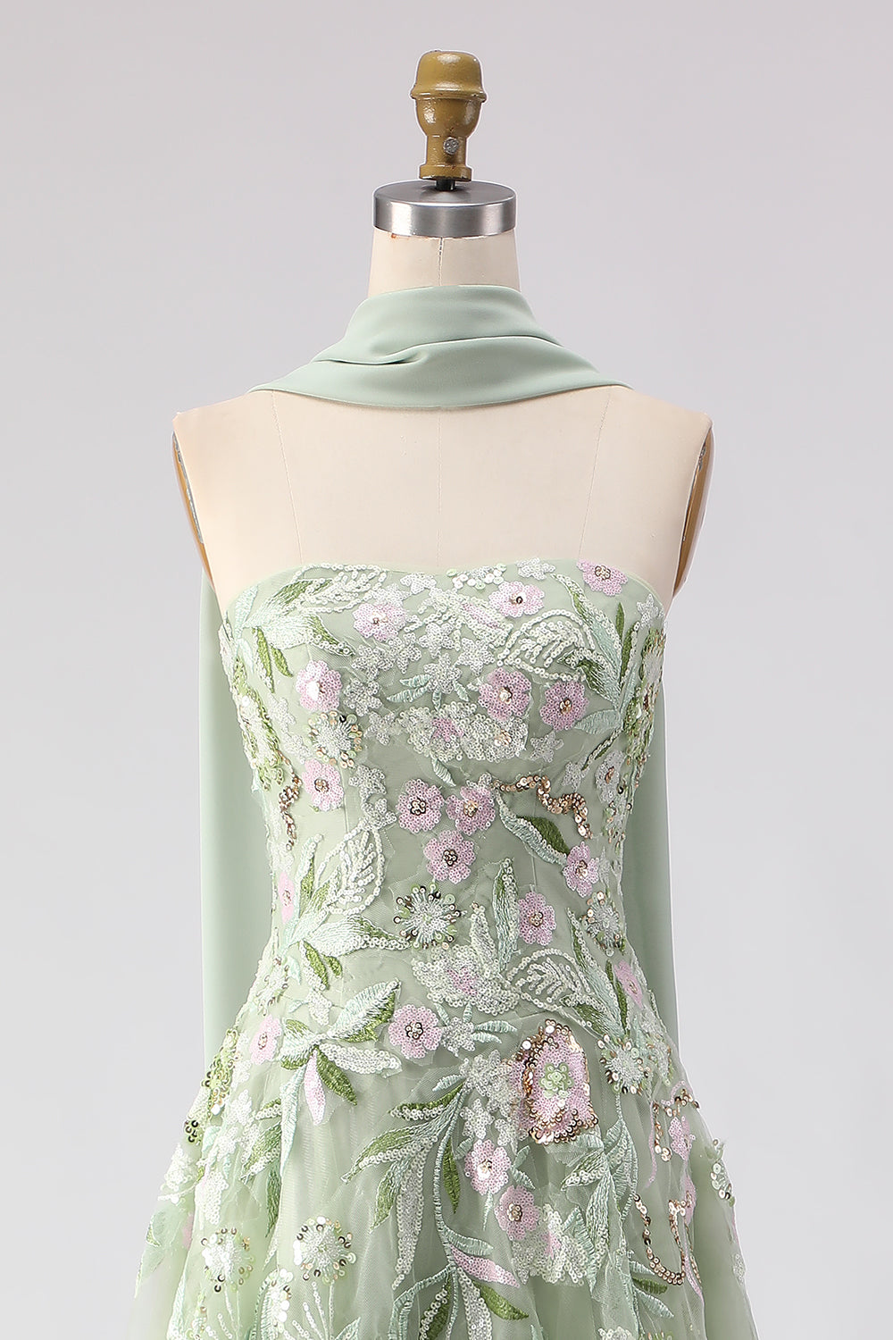 Strapless A-Line Dusty Sage Embroidered Prom Dress With Streamer