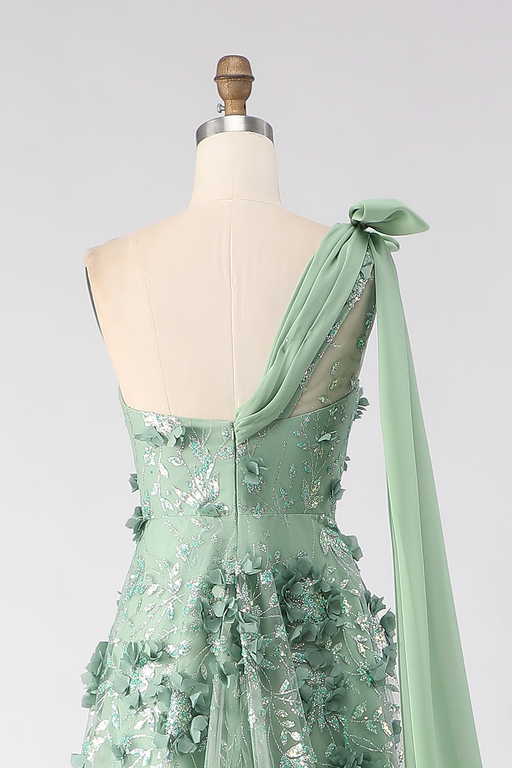 One Shoulder Green A-Line Appliqued Prom Dress With Slit
