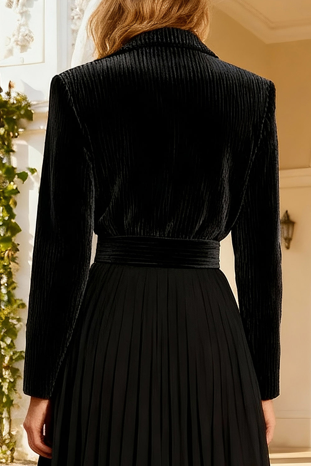 Black Notched Lapel Semi-Formal Dress With Belt