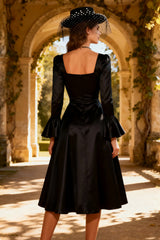 Black A-Line Square Neck Semi-Formal Dress With Flare Sleeves