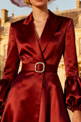 Burgundy A-Line Peak Lapel Midi Blazer Dress With Belt