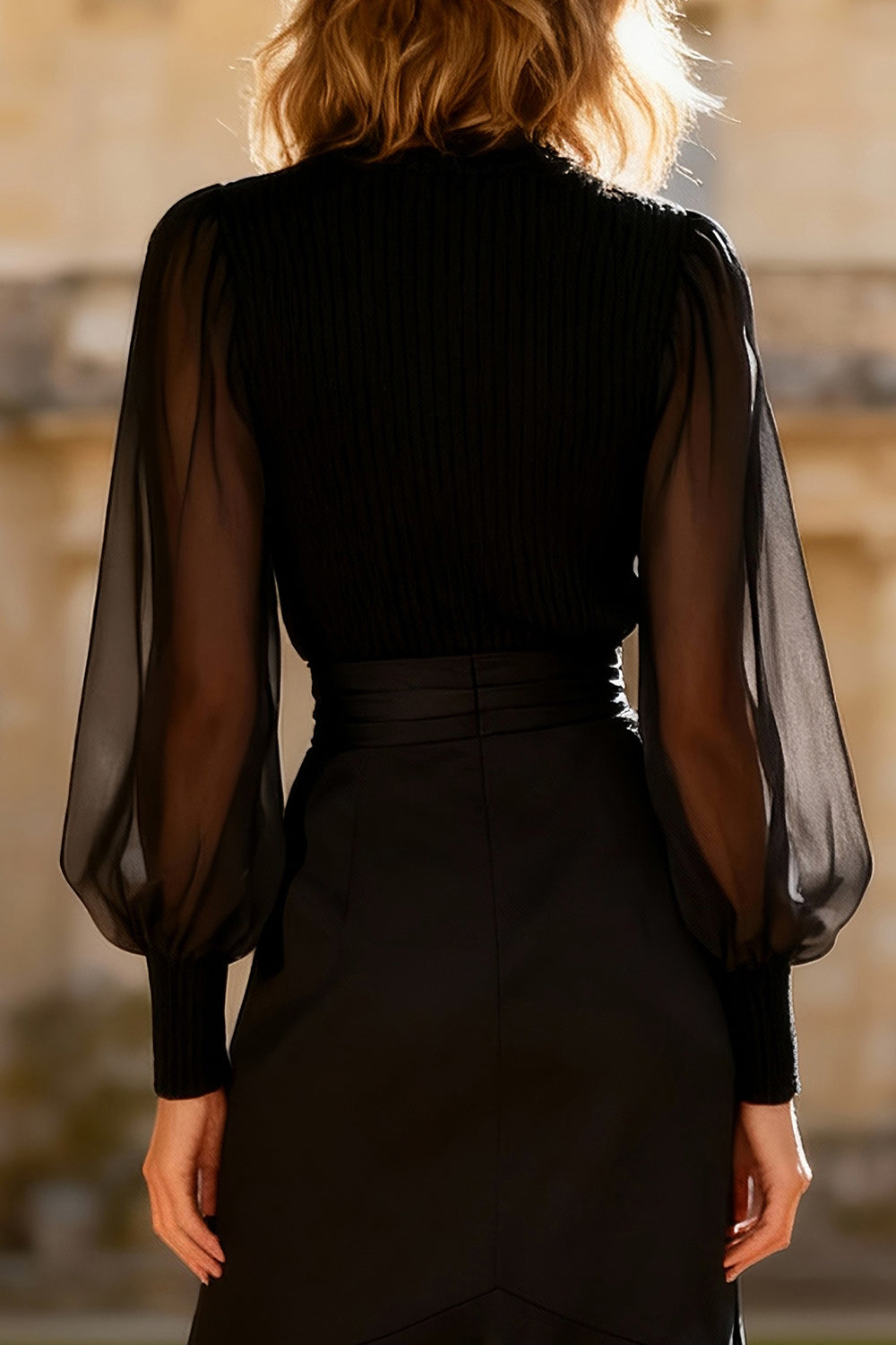Black High Neck Cocktail Dress With Sheer Sleeves