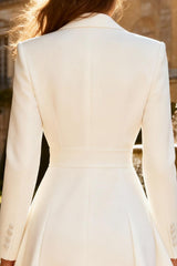 White A-Line Peak Lapel Business Casual Dress With Long Sleeves