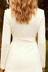 White Notched Lapel Long Sleeve Mini Work Dress With Belt