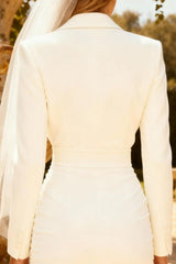 White Bodycon Peak Lapel Business Casual Dress With Long Sleeves