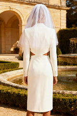 Cut Out White Pencil Peak Lapel Work Dress With Slit