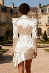 White Bodycon Peak Lapel Long Sleeve Satin Blazer Dress