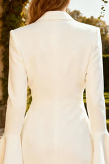 White Peak Lapel Bodycon Mini Blazer Dress With Flared Sleeves