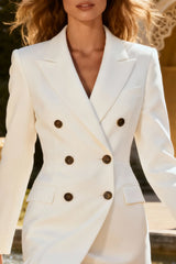 Peak Lapel Double Breasted White Blazer Dress With Ruffles