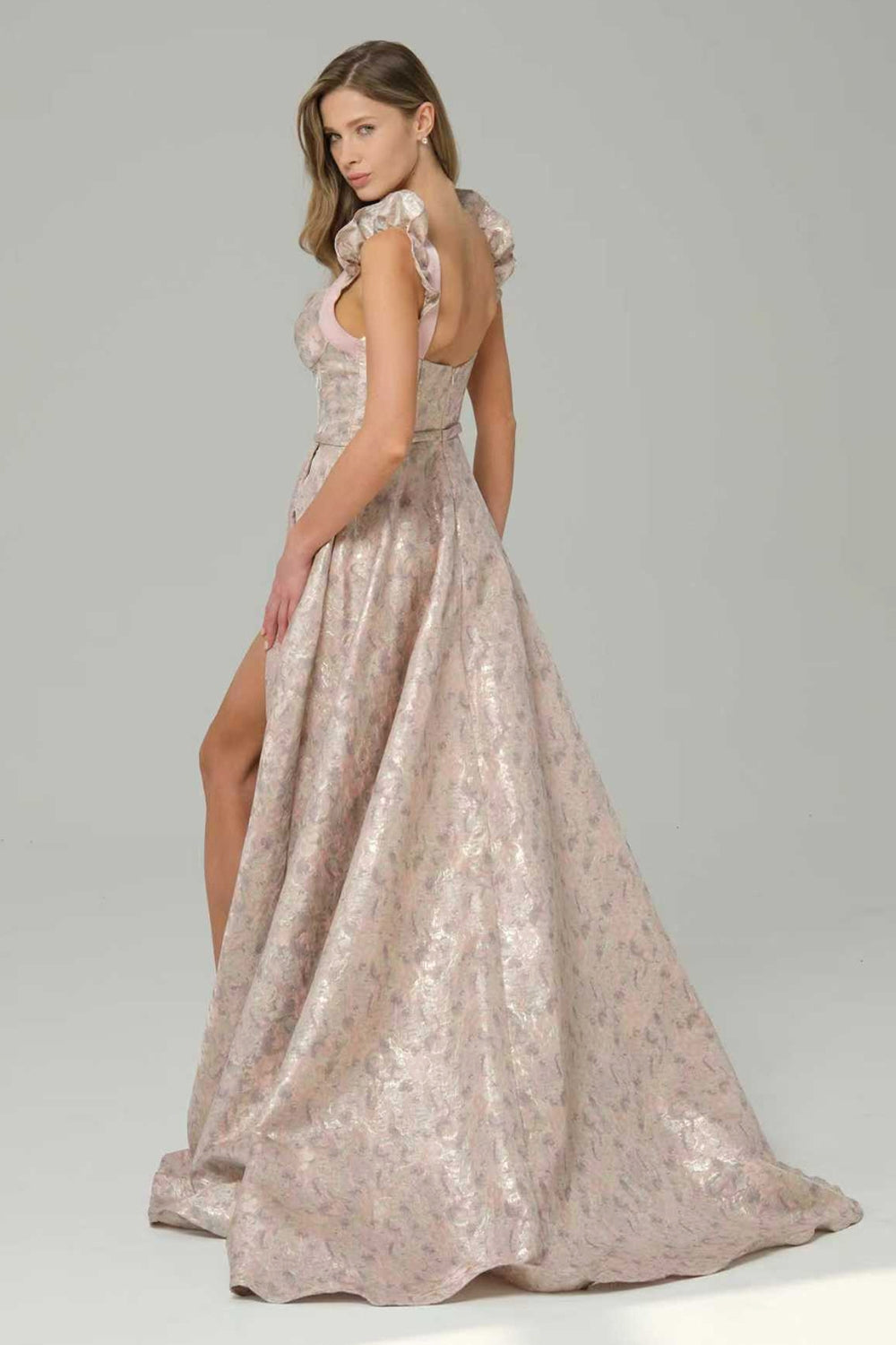 Pink Floral Corset A Line Maxi Prom Dress with Ruffles