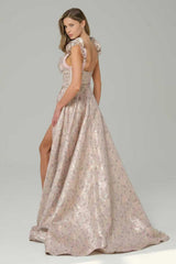 Pink Floral Corset A Line Maxi Prom Dress with Ruffles