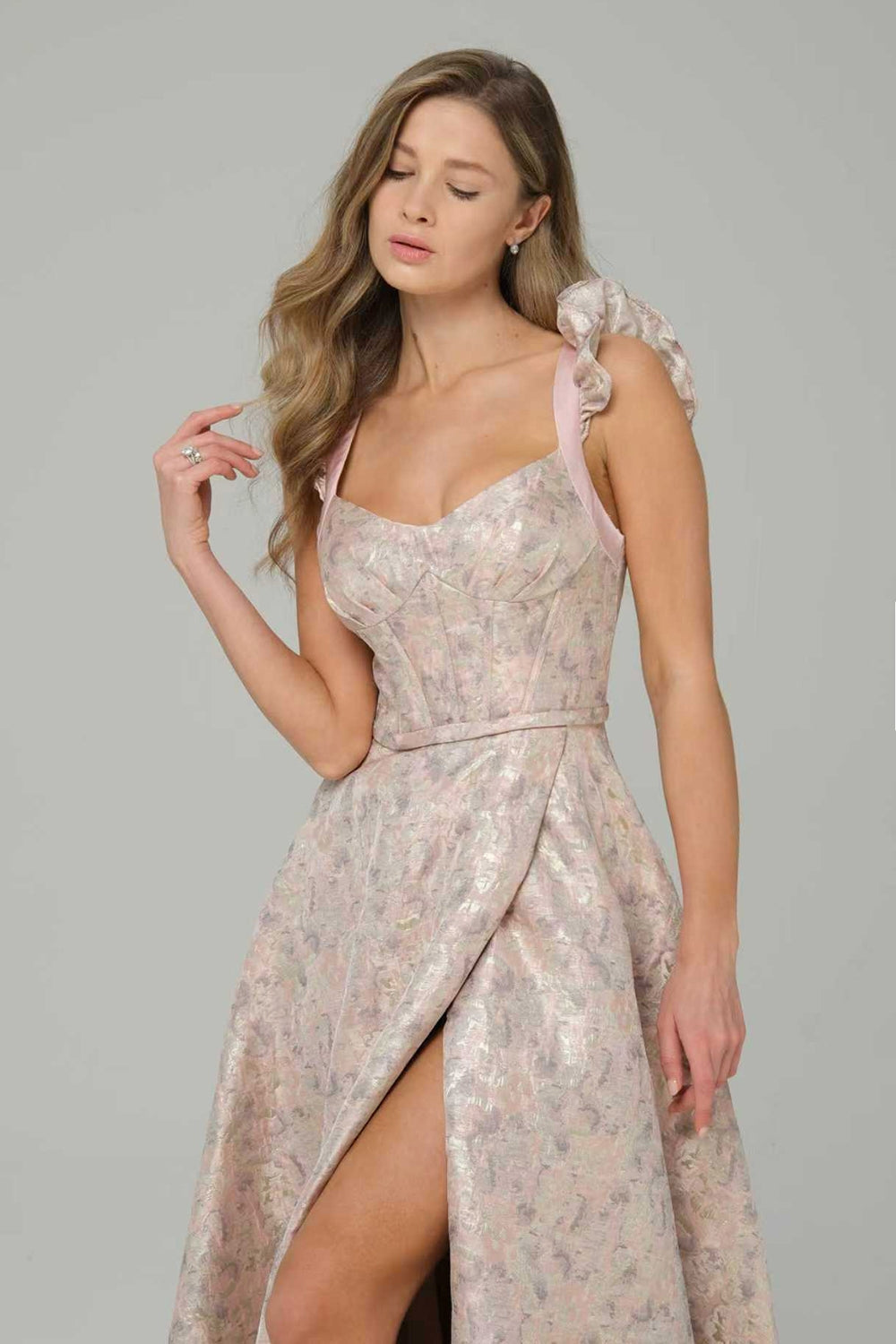 Pink Floral Corset A Line Maxi Prom Dress with Ruffles
