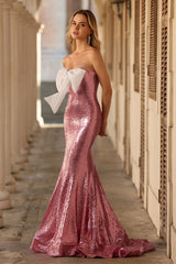 Sparkly Pink Mermaid Strapless Maxi Prom Dress With Bow
