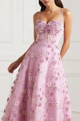 Pink Floral A-Line Appliqued Spaghetti Straps Midi Prom Dress