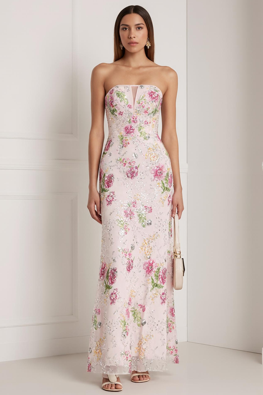 Strapless Pink Flower Sheath Prom Dress With Sequins