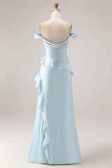 Off the Shoulder A Line Sea Glass Bridesmaid Dress with Ruffles