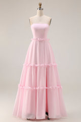Blushing Pink A Line Strapless Ruffled Bridesmaid Dress