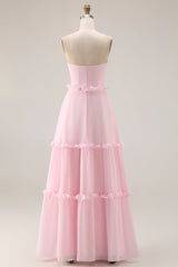 Blushing Pink A Line Strapless Ruffled Bridesmaid Dress