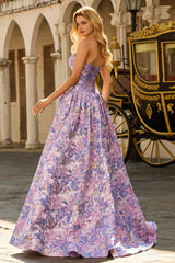 Lilac A Line Floral Strapless Prom Dress with Bow