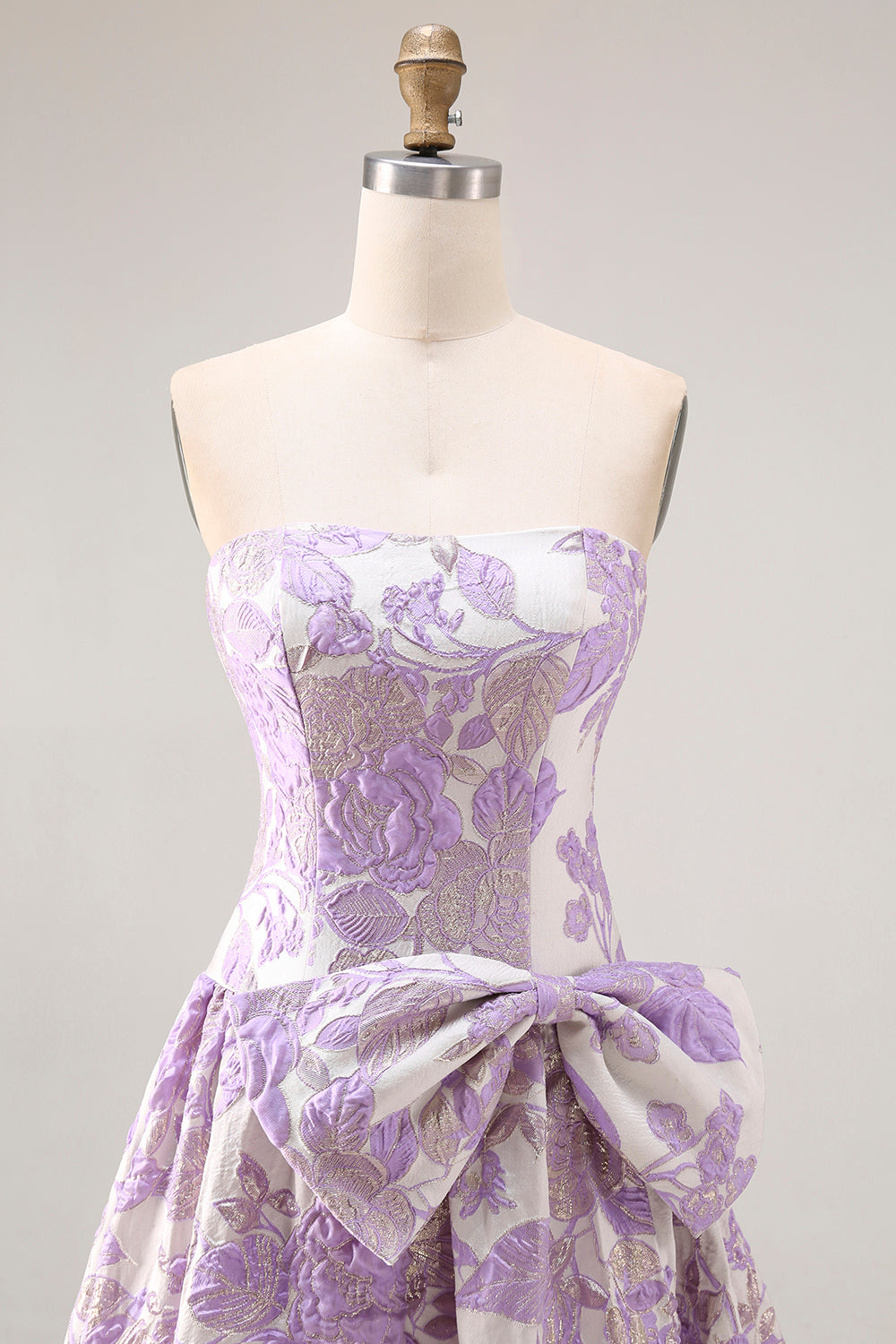 Lilac A Line Floral Strapless Bowed Prom Dress