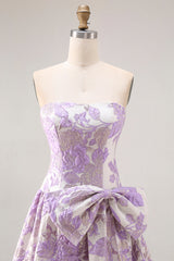 Lilac A Line Floral Strapless Bowed Prom Dress