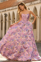 Strapless Lilac Corset A Line Brocade Prom Dress