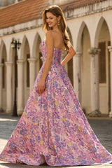 Strapless Lilac Corset A Line Brocade Prom Dress