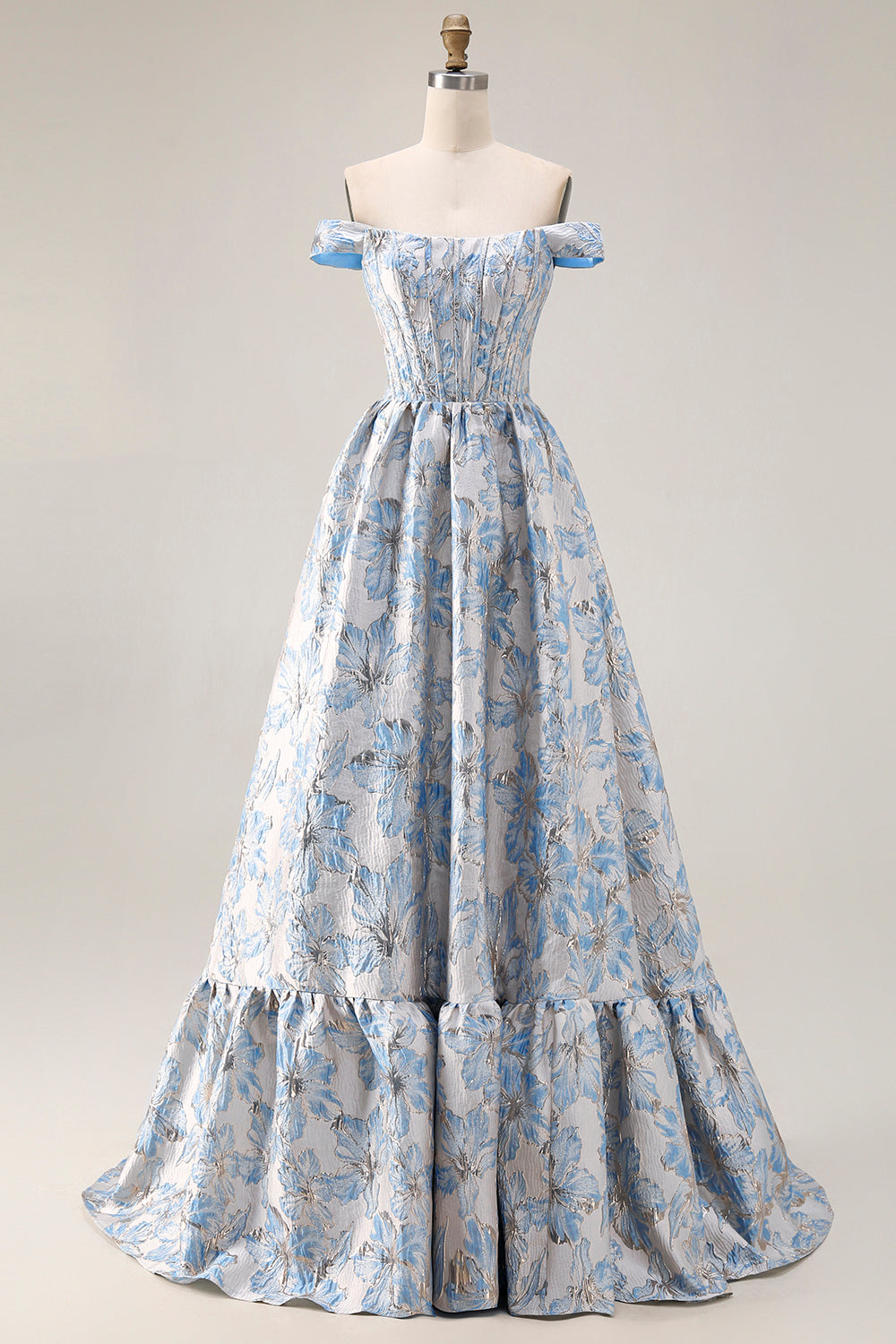 Off The Shoulder Light Blue Jacquard A-Line Corset Prom Dress