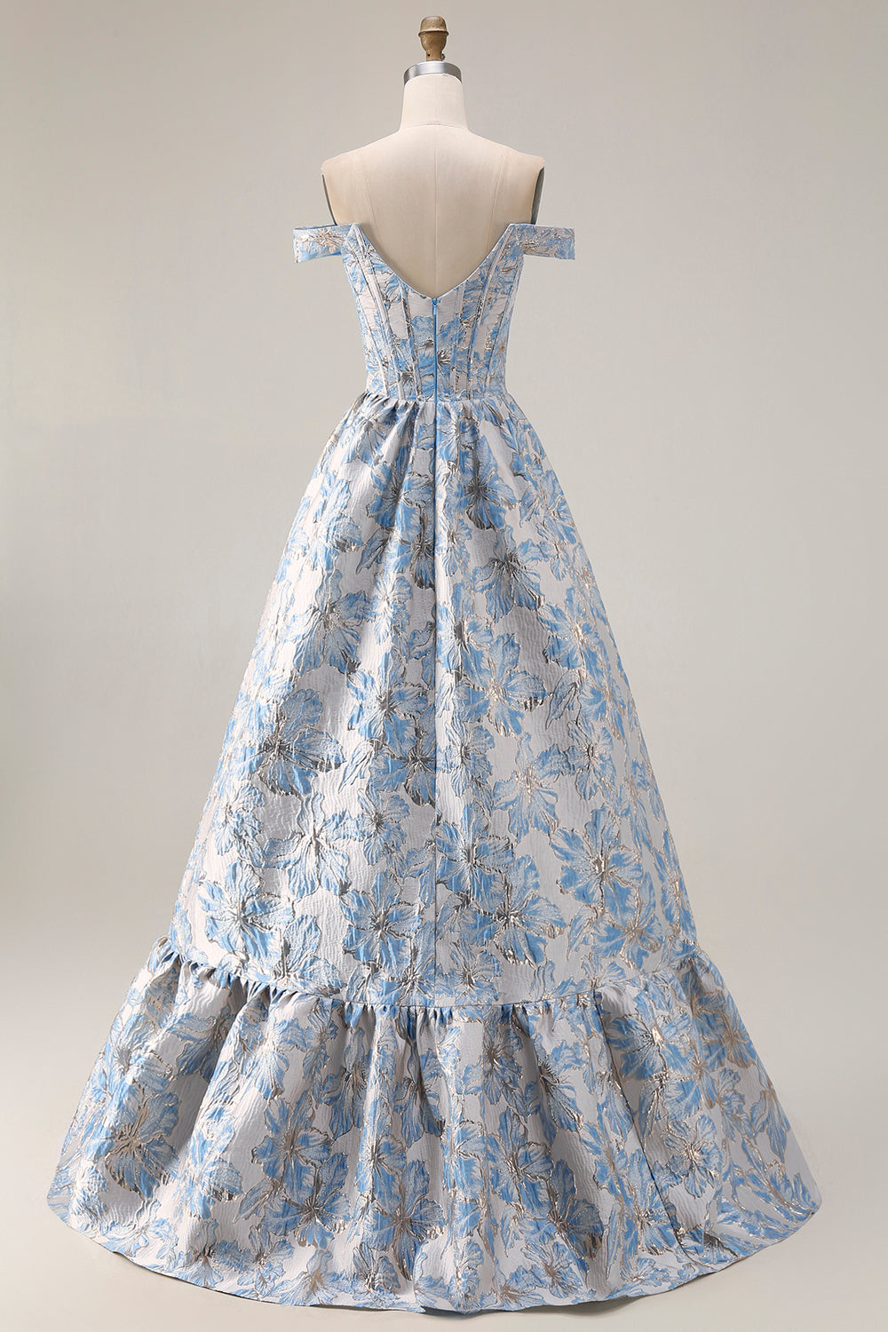 Off The Shoulder Light Blue Jacquard A-Line Corset Prom Dress