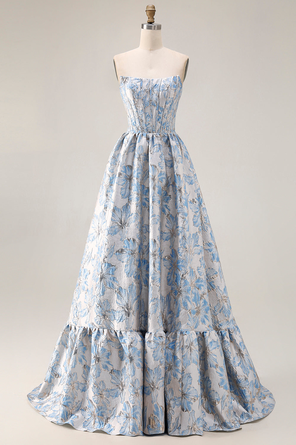 Off The Shoulder Light Blue Jacquard A-Line Corset Prom Dress