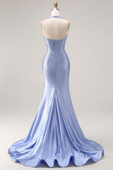 Halter Mermaid Light Blue Corset Beaded Prom Dress