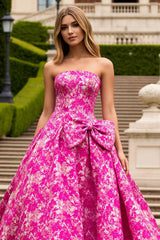 Strapless A-Line Fuchsia Floral Prom Dress With Bow