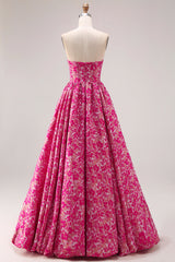 Fuchsia Flower A-Line Maxi Strapless Prom Dress With Pockets