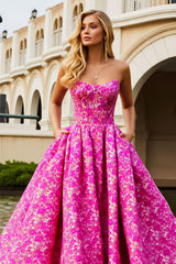 Fuchsia Flower A-Line Maxi Strapless Prom Dress With Pockets