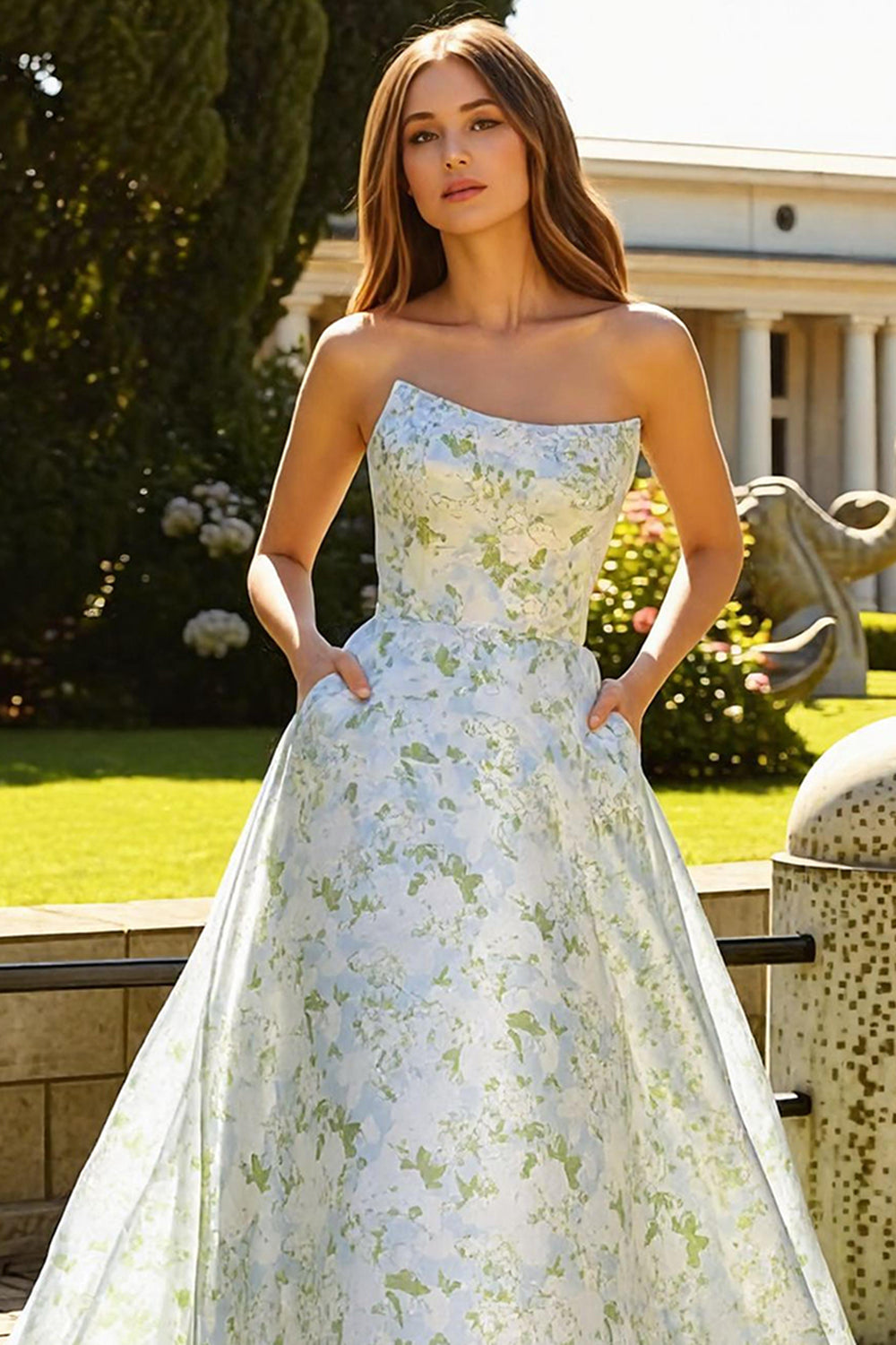Strapless Blue White Flower A-Line Prom Dress With Pockets